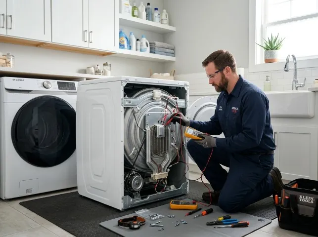 Appliance Repair Hero technician checking a dryer heating element with the rear panel off in Byers, TX